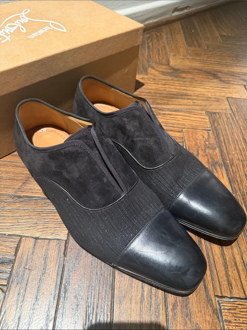 Men's Louboutin Black Leather & Suede Cap-Toe Dress Shoes